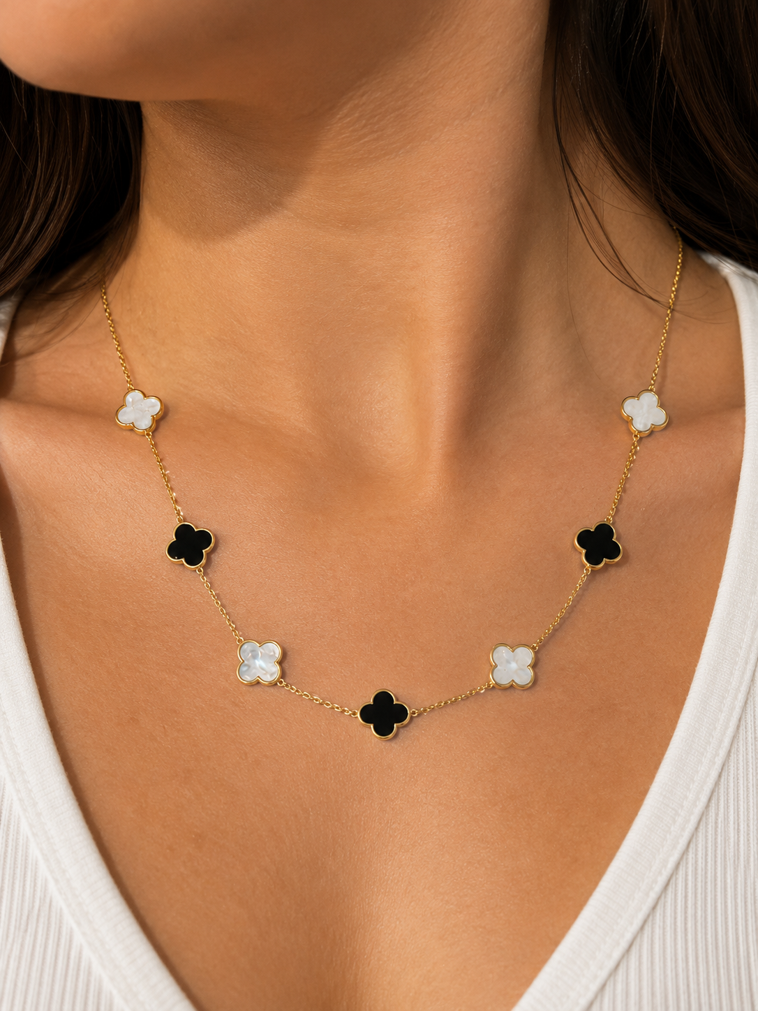 10K Gold Clover Station Necklace with Black Onyx & Mother of Pearl