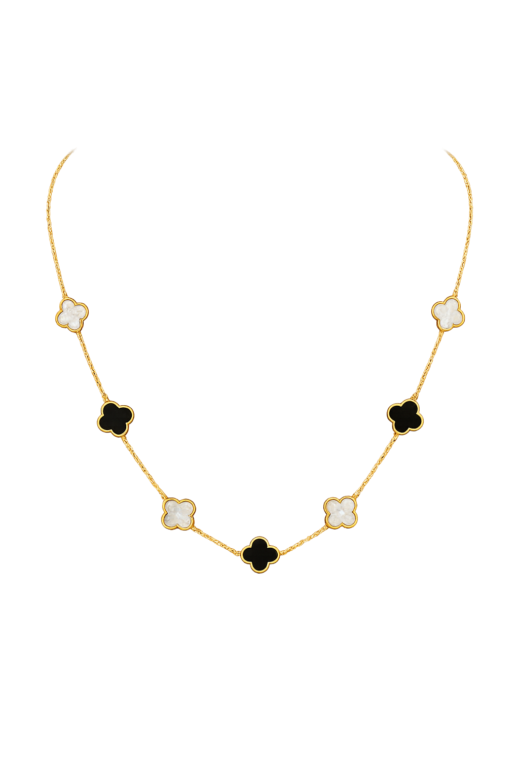 10K Gold Clover Station Necklace with Black Onyx & Mother of Pearl