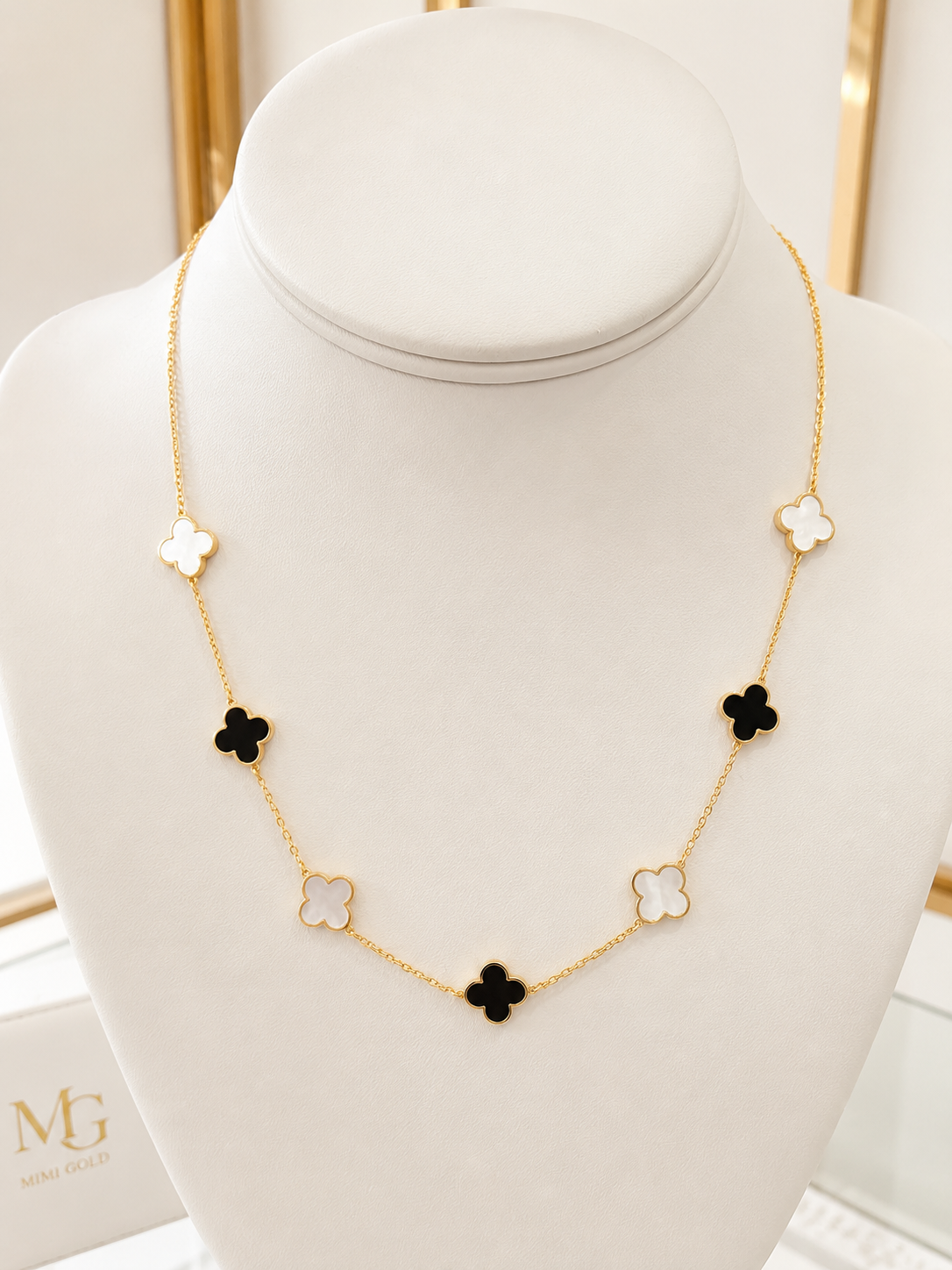 10K Gold Clover Station Necklace with Black Onyx & Mother of Pearl